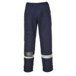 A pair of navy blue work trousers featuring flame-resistant fabric, suitable for a wide range of outdoor and site work applications.