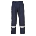 A pair of navy blue work trousers featuring flame-resistant fabric, suitable for a wide range of outdoor and site work applications.
