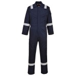 A navy blue coverall featuring flame-resistant fabric, suitable for a wide range of outdoor and site work applications.