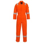 A orange coverall featuring flame-resistant fabric, suitable for a wide range of outdoor and site work applications.