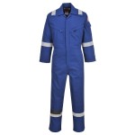 A blue coverall featuring flame-resistant fabric, suitable for a wide range of outdoor and site work applications.