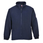 A navy blue fleece jacket featuring flame-resistant fabric, suitable for a wide range of outdoor and site work applications.