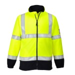 A high-visibility yellow fleece jacket featuring retroreflective tape panels, flame-resistant fabric, suitable for a wide range of outdoor and site work applications.