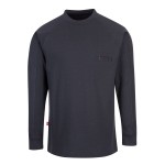 A navy blue work shirt featuring flame-resistant fabric, suitable for a wide range of outdoor and site work applications.