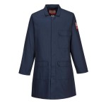 A navy blue jacket featuring flame-resistant fabric, suitable for a wide range of outdoor and site work applications.