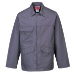 A grey jacket featuring flame-resistant fabric, suitable for a wide range of outdoor and site work applications.