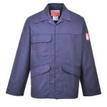 A navy blue jacket featuring flame-resistant fabric, suitable for a wide range of outdoor and site work applications.