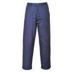 A pair of navy blue work trousers featuring flame-resistant fabric, suitable for a wide range of outdoor and site work applications.