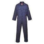 A navy blue coverall featuring flame-resistant fabric, suitable for a wide range of outdoor and site work applications.