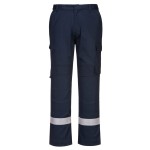 A pair of navy blue work trousers featuring stretch panels for ease of movement, flame-resistant fabric, suitable for a wide range of outdoor and site work applications.