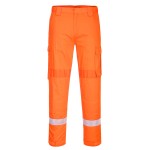 A pair of orange work trousers featuring stretch panels for ease of movement, flame-resistant fabric, suitable for a wide range of outdoor and site work applications.