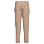 A pair of khaki work trousers featuring stretch panels for ease of movement, flame-resistant fabric, suitable for a wide range of outdoor and site work applications.