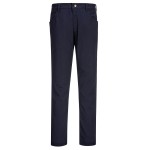 A pair of navy blue work trousers featuring stretch panels for ease of movement, flame-resistant fabric, suitable for a wide range of outdoor and site work applications.
