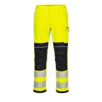 A pair of high-visibility yellow trousers featuring retroreflective tape panels, flame-resistant fabric, suitable for a wide range of outdoor and site work applications.