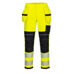 A pair of high-visibility yellow trousers featuring retroreflective tape panels, flame-resistant fabric, suitable for a wide range of outdoor and site work applications.