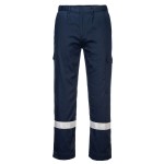 A pair of navy blue work trousers featuring flame-resistant fabric, suitable for a wide range of outdoor and site work applications.
