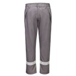 A pair of grey work trousers featuring flame-resistant fabric, suitable for a wide range of outdoor and site work applications.