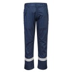 A pair of navy blue work trousers featuring flame-resistant fabric, suitable for a wide range of outdoor and site work applications.