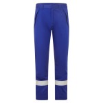 A pair of blue work trousers featuring flame-resistant fabric, suitable for a wide range of outdoor and site work applications.