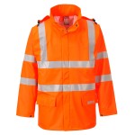 A high-visibility orange jacket featuring retroreflective tape panels, flame-resistant fabric, suitable for a wide range of outdoor and site work applications.