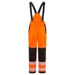 A pair of high-visibility orange trousers featuring retroreflective tape panels, flame-resistant fabric, suitable for a wide range of outdoor and site work applications.