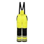A pair of high-visibility yellow trousers featuring retroreflective tape panels, flame-resistant fabric, suitable for a wide range of outdoor and site work applications.