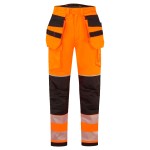 A pair of high-visibility orange trousers featuring retroreflective tape panels, flame-resistant fabric, suitable for a wide range of outdoor and site work applications.
