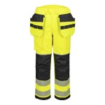 A pair of high-visibility yellow trousers featuring retroreflective tape panels, flame-resistant fabric, suitable for a wide range of outdoor and site work applications.
