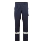 A pair of navy blue work trousers featuring flame-resistant fabric, suitable for a wide range of outdoor and site work applications.