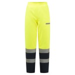 A pair of high-visibility yellow trousers featuring retroreflective tape panels, flame-resistant fabric, suitable for a wide range of outdoor and site work applications.