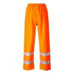 A pair of high-visibility orange trousers featuring retroreflective tape panels, flame-resistant fabric, suitable for a wide range of outdoor and site work applications.