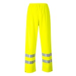 A pair of high-visibility yellow trousers featuring retroreflective tape panels, flame-resistant fabric, suitable for a wide range of outdoor and site work applications.