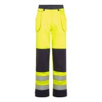 A pair of high-visibility yellow trousers featuring retroreflective tape panels, flame-resistant fabric, suitable for a wide range of outdoor and site work applications.