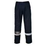 A pair of women's navy blue work trousers featuring flame-resistant fabric, suitable for a wide range of outdoor and site work applications.