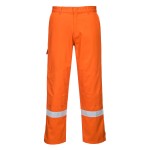 A pair of women's orange work trousers featuring flame-resistant fabric, suitable for a wide range of outdoor and site work applications.
