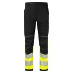 A pair of high-visibility yellow trousers featuring retroreflective tape panels, flame-resistant fabric, suitable for a wide range of outdoor and site work applications.