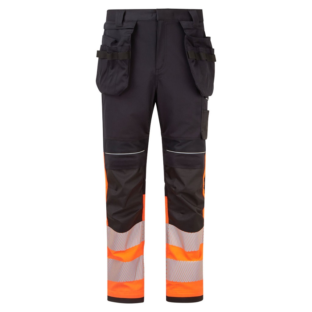 A pair of orange work trousers featuring flame-resistant fabric, suitable for a wide range of outdoor and site work applications.