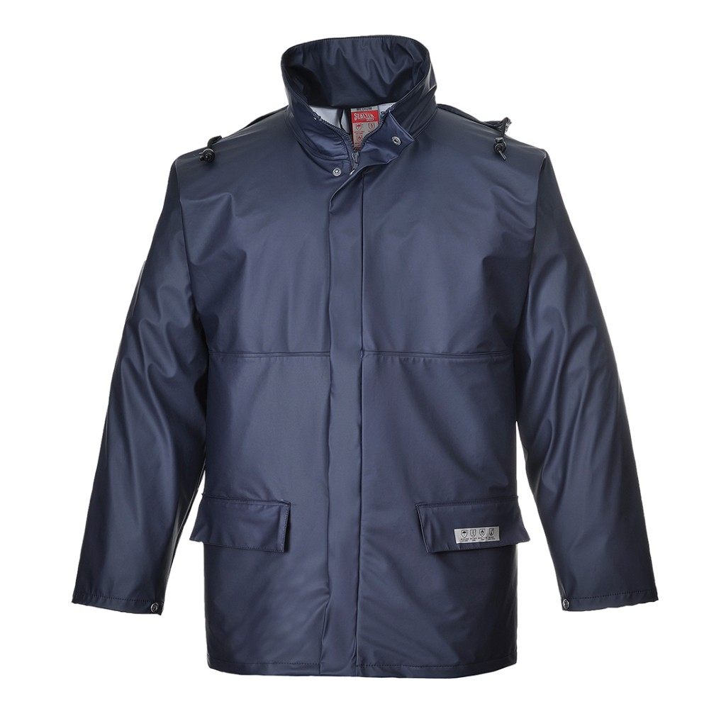 A navy blue jacket featuring flame-resistant fabric, suitable for a wide range of outdoor and site work applications.