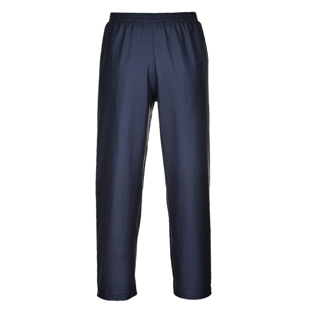 A pair of navy blue work trousers featuring flame-resistant fabric, suitable for a wide range of outdoor and site work applications.