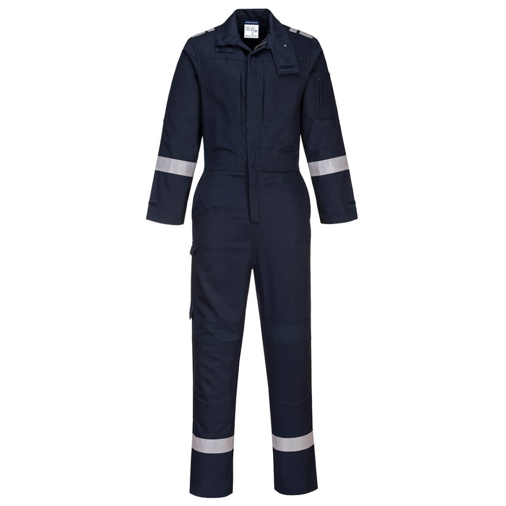 A navy blue coverall featuring stretch panels for ease of movement, flame-resistant fabric, suitable for a wide range of outdoor and site work applications.