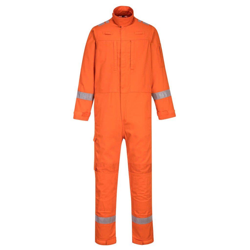 A orange coverall featuring stretch panels for ease of movement, flame-resistant fabric, suitable for a wide range of outdoor and site work applications.