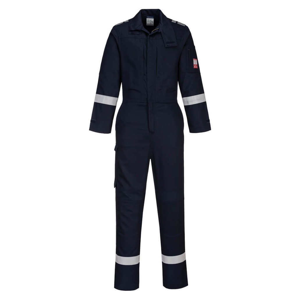 A navy blue coverall featuring stretch panels for ease of movement, flame-resistant fabric, suitable for a wide range of outdoor and site work applications.
