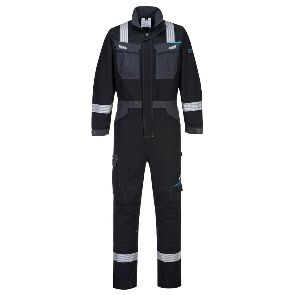 A black coverall featuring flame-resistant fabric, suitable for a wide range of outdoor and site work applications.