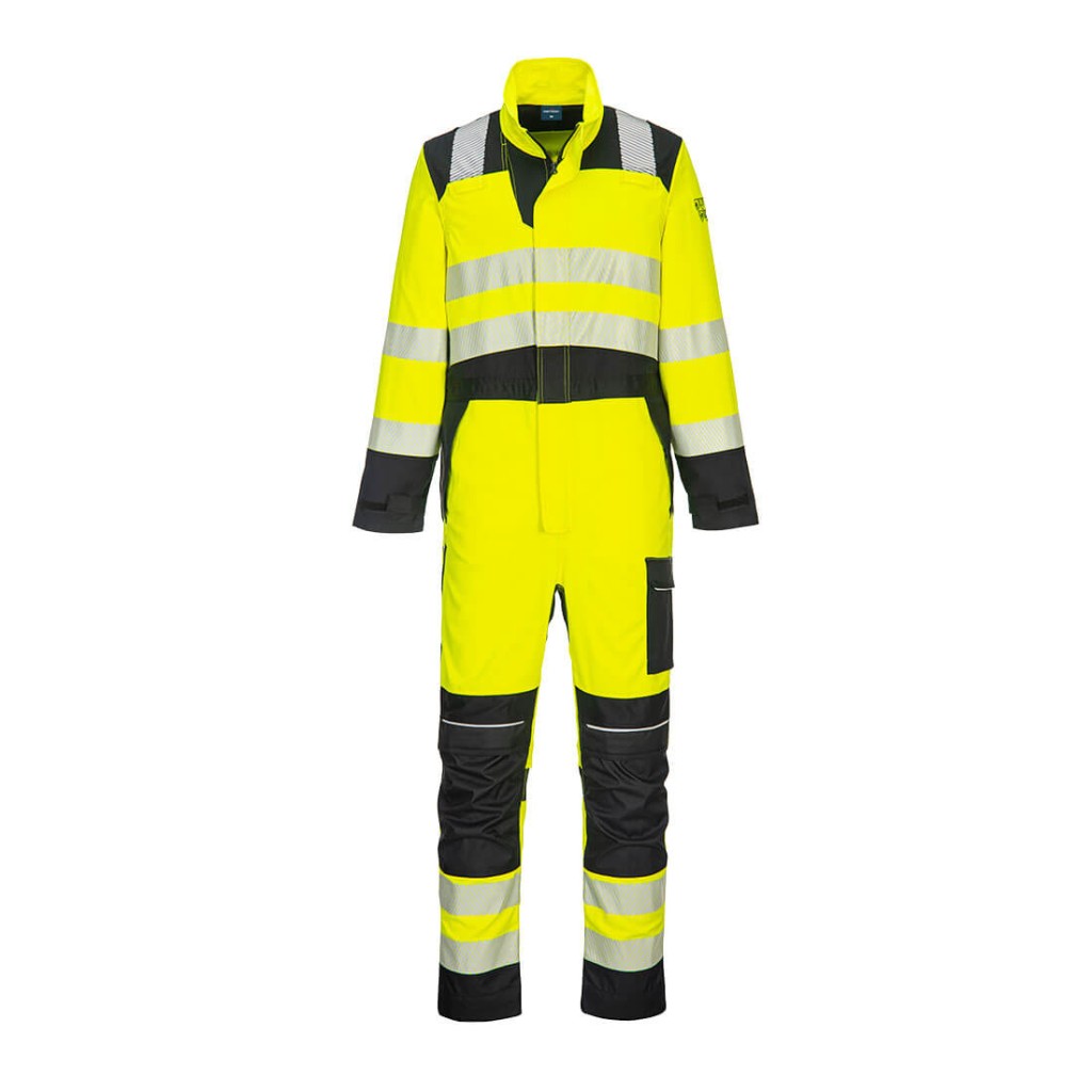 A high-visibility yellow coverall featuring retroreflective tape panels, flame-resistant fabric, suitable for a wide range of outdoor and site work applications.
