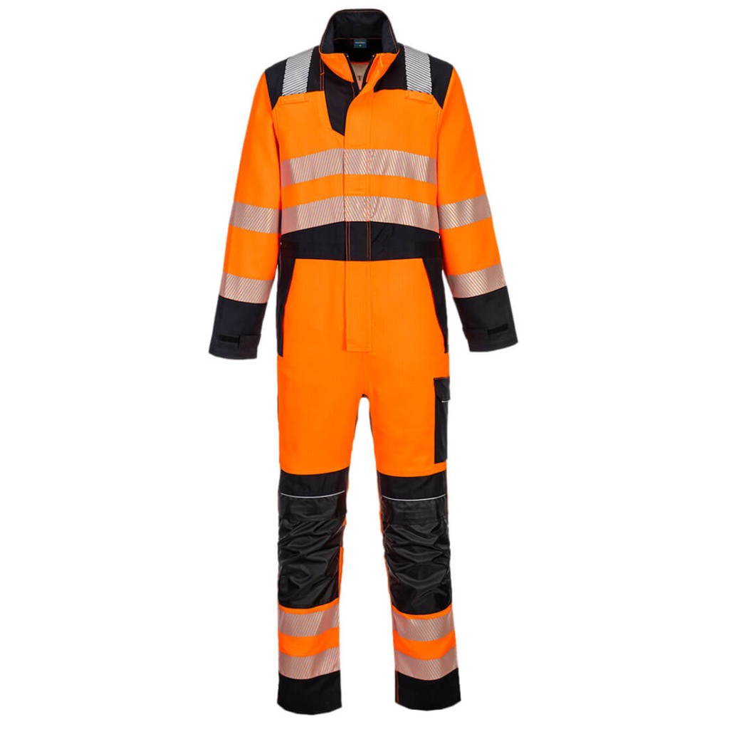 A orange coverall featuring flame-resistant fabric, suitable for a wide range of outdoor and site work applications.