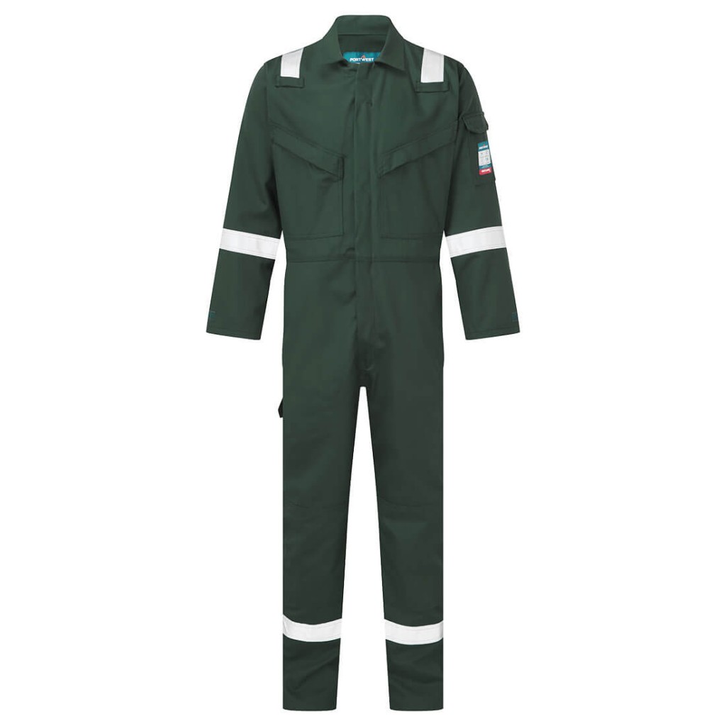 A green coverall featuring flame-resistant fabric, suitable for a wide range of outdoor and site work applications.