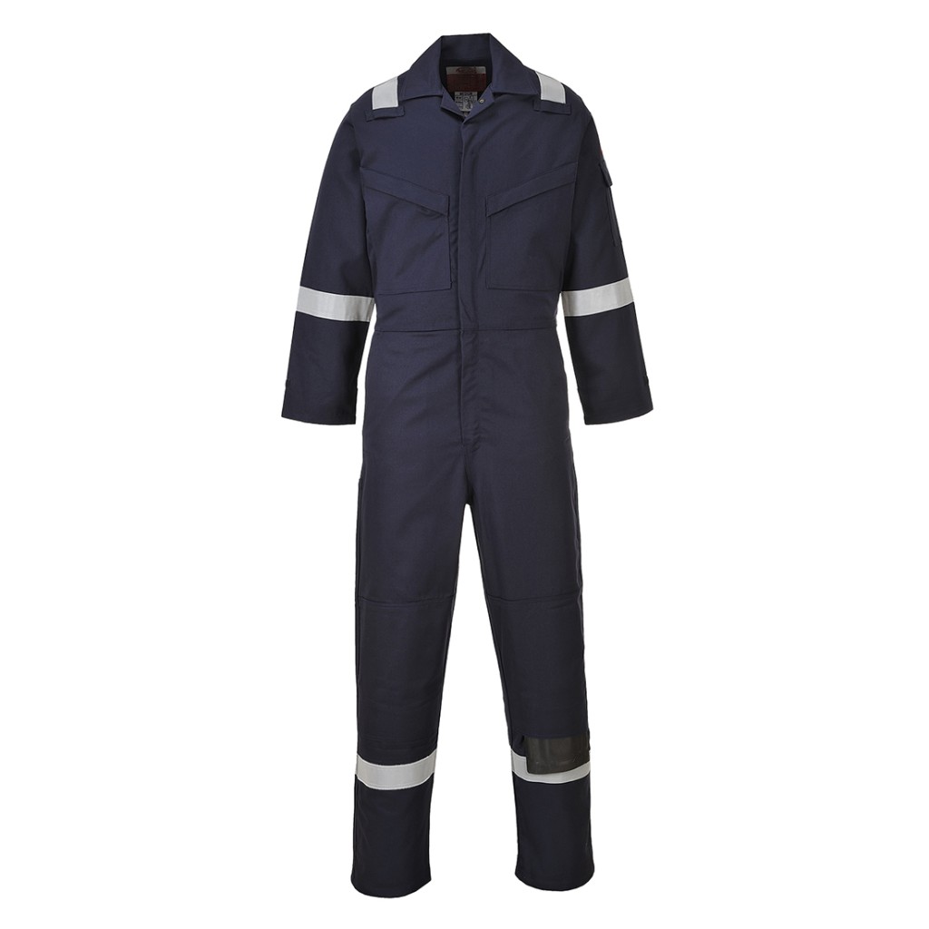 A navy blue coverall featuring flame-resistant fabric, suitable for a wide range of outdoor and site work applications.