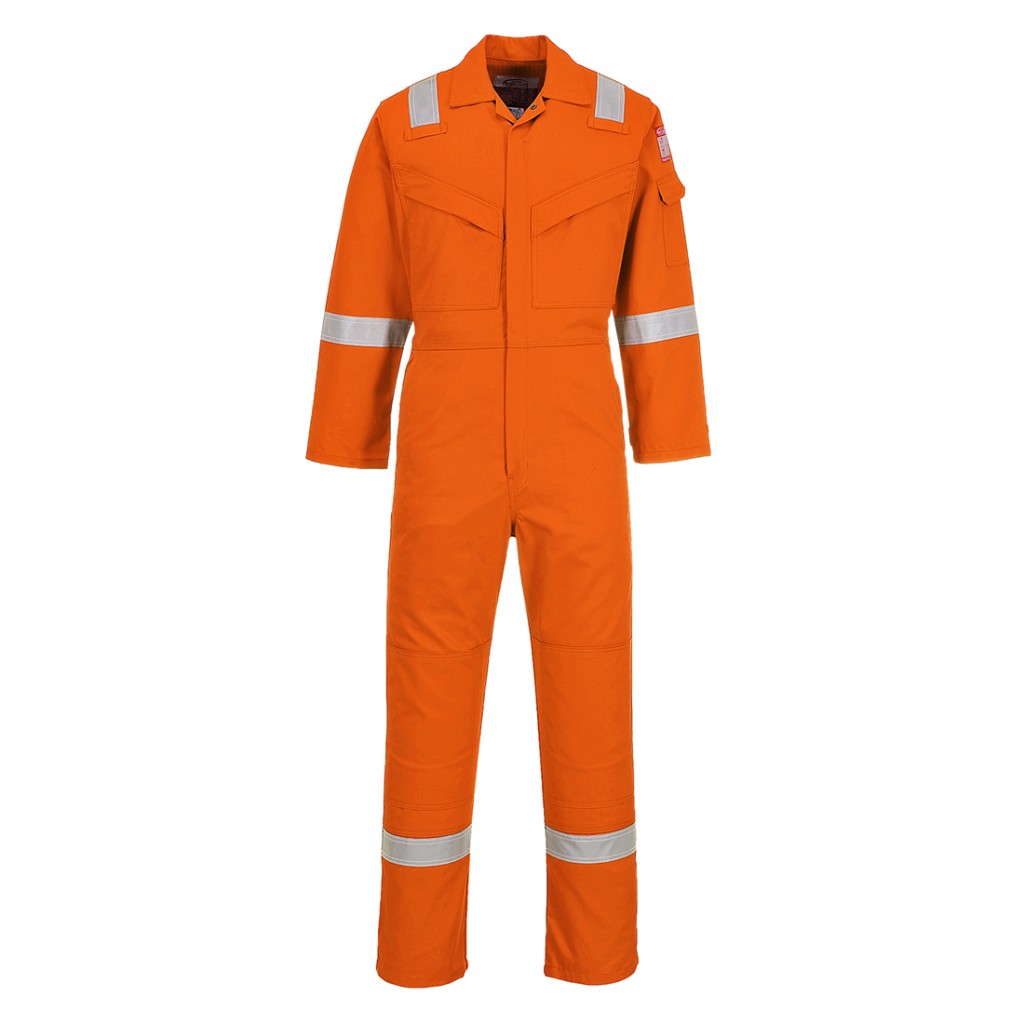 A orange coverall featuring flame-resistant fabric, suitable for a wide range of outdoor and site work applications.