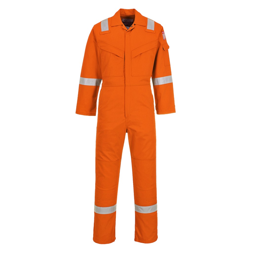 A orange coverall featuring flame-resistant fabric, suitable for a wide range of outdoor and site work applications.