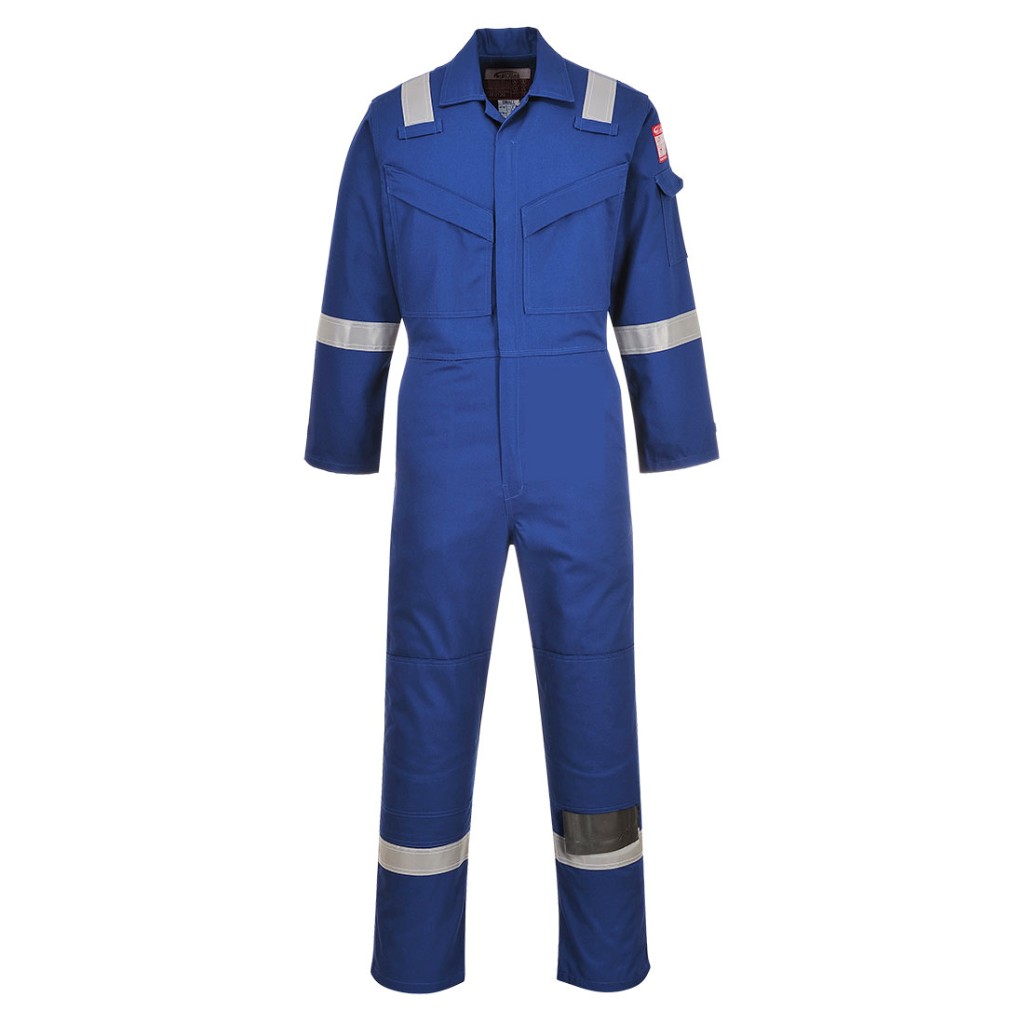 A blue coverall featuring flame-resistant fabric, suitable for a wide range of outdoor and site work applications.